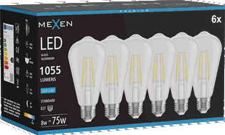 Mexen Vintis 6x Žárovka filament LED E27, ST64, 8W, Studená - 6500K, 1055 lm, čirá - L152-E27-0865-00x06