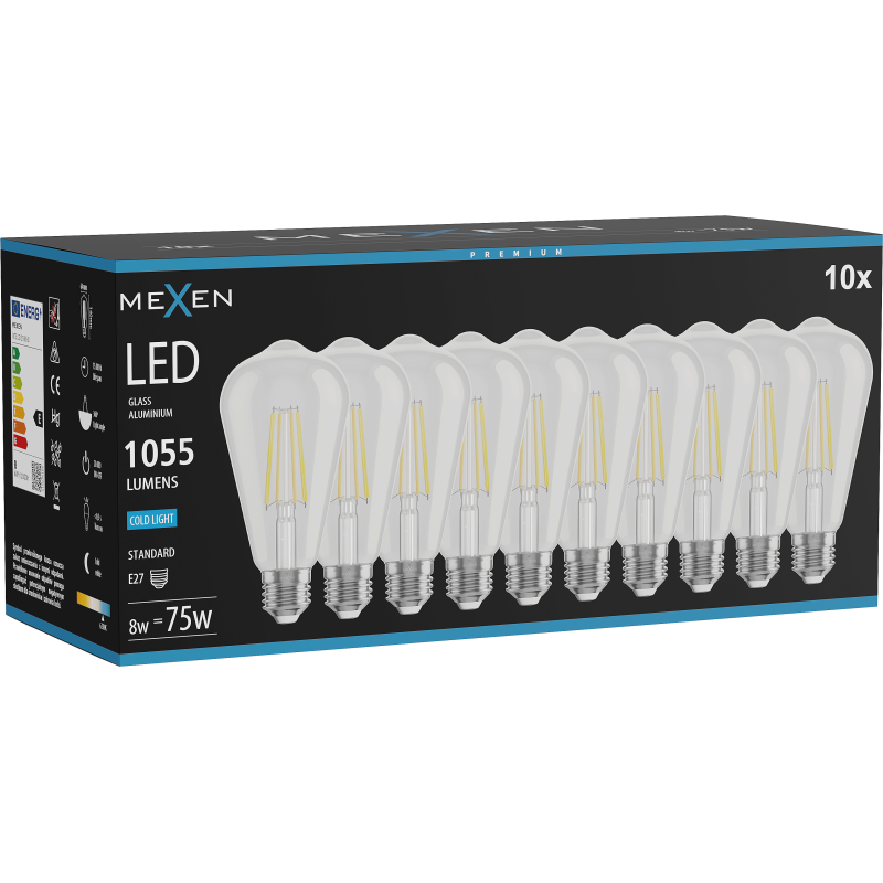 Mexen Vintis 10x žárovka filament LED E27, ST64, 8W, Studená - 6500K, 1055 lm, čirá - L152-E27-0865-00x10