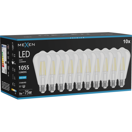 Mexen Vintis 10x žárovka filament LED E27, ST64, 8W, Studená - 6500K, 1055 lm, čirá - L152-E27-0865-00x10