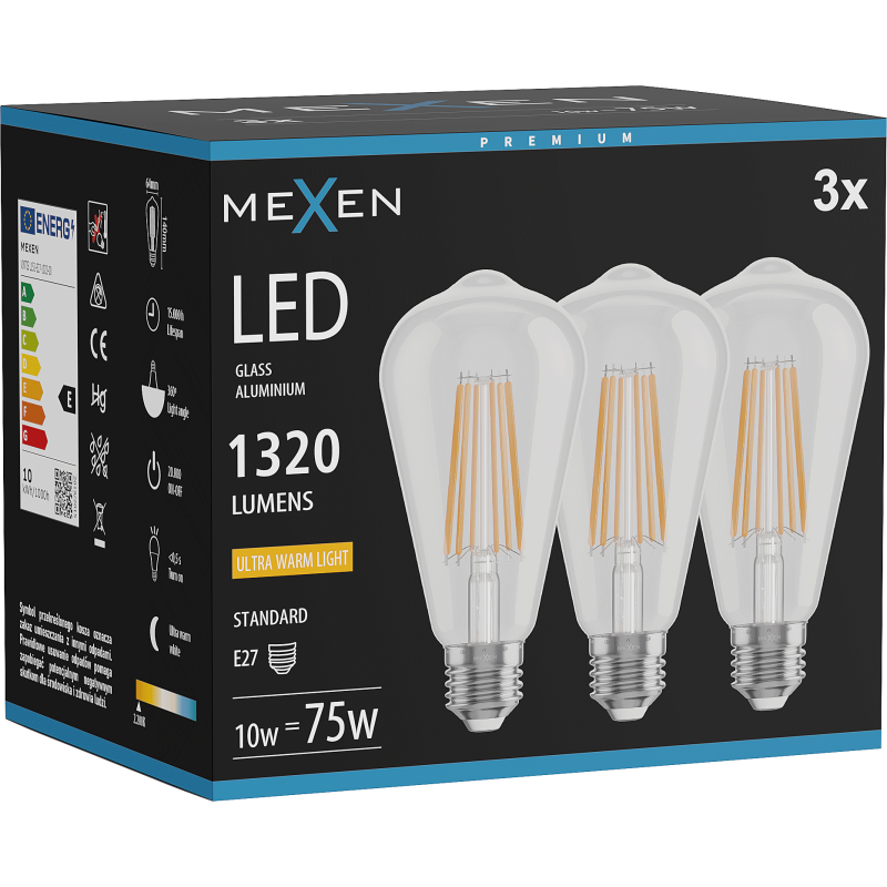Mexen Vintis 3x Žárovka filament LED E27, ST64, 10W, Teplá - 2200K, 1320 lm, čirá - L152-E27-1022-00x03