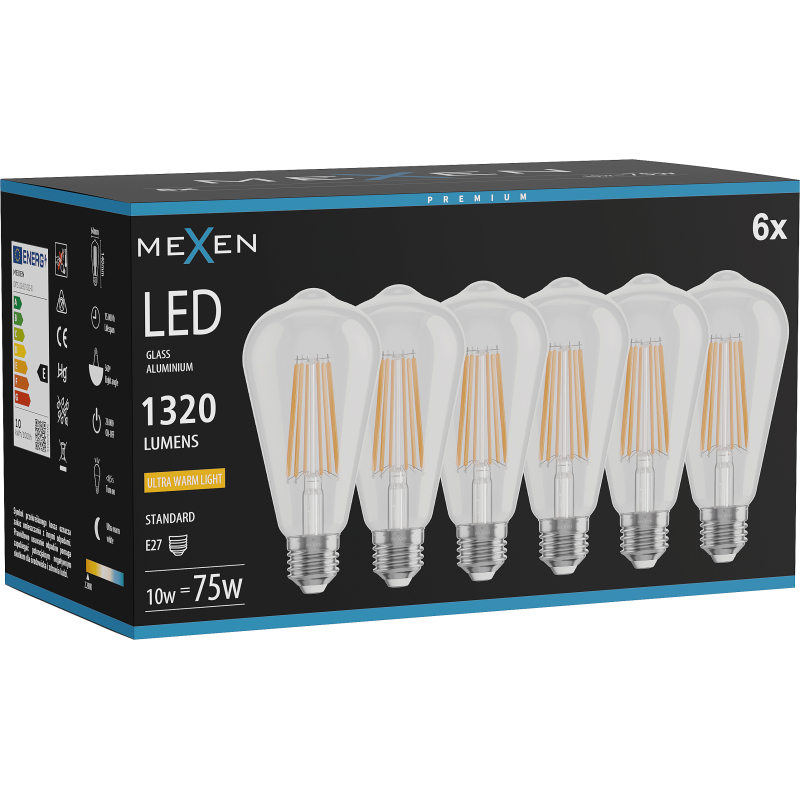Mexen Vintis 6x LED filamentová žárovka E27, ST64, 10W, Teplá - 2200K, 1320 lm, čirá - L152-E27-1022-00x06