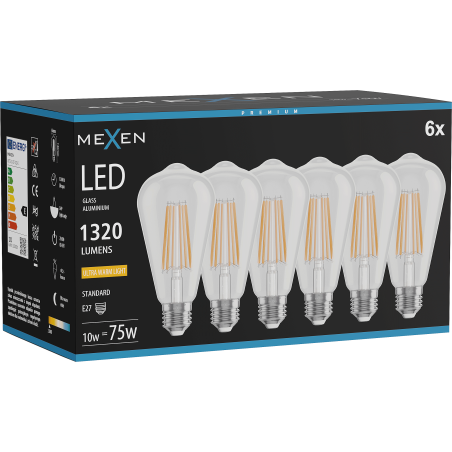 Mexen Vintis 6x LED filamentová žárovka E27, ST64, 10W, Teplá - 2200K, 1320 lm, čirá - L152-E27-1022-00x06