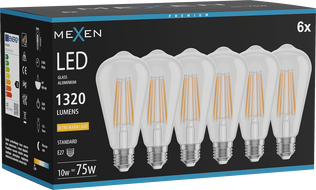 Mexen Vintis 6x LED filamentová žárovka E27, ST64, 10W, Teplá - 2200K, 1320 lm, čirá - L152-E27-1022-00x06