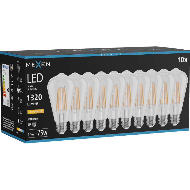 Mexen Vintis 10x žárovka filament LED E27, ST64, 10W, Teplá - 2200K, 1320 lm, čirá - L152-E27-1022-00x10