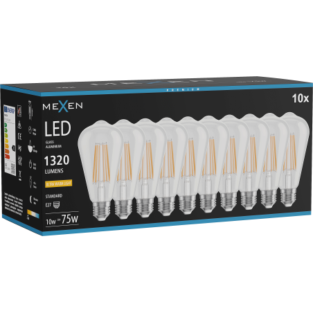 Mexen Vintis 10x žárovka filament LED E27, ST64, 10W, Teplá - 2200K, 1320 lm, čirá - L152-E27-1022-00x10