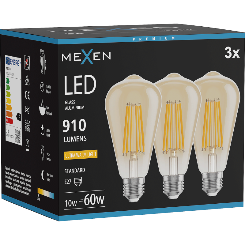 Mexen Vintis 3x žárovka filament LED E27, ST64, 10W, Teplá - 2200K, 910 lm, jantarová - L152-E27-1022-50x03