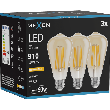 Mexen Vintis 3x žárovka filament LED E27, ST64, 10W, Teplá - 2200K, 910 lm, jantarová - L152-E27-1022-50x03