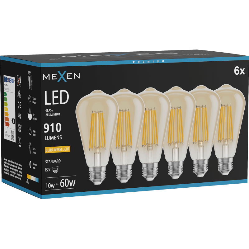 Mexen Vintis 6x žárovka filament LED E27, ST64, 10W, Teplá - 2200K, 910 lm, jantarová - L152-E27-1022-50x06