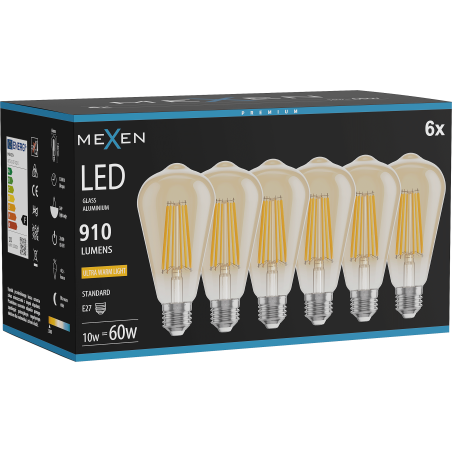 Mexen Vintis 6x žárovka filament LED E27, ST64, 10W, Teplá - 2200K, 910 lm, jantarová - L152-E27-1022-50x06