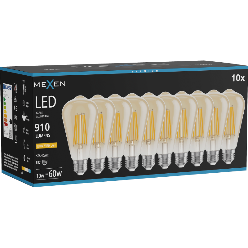 Mexen Vintis 10x filamentová LED žárovka E27, ST64, 10W, Teplá - 2200K, 910 lm, jantarová - L152-E27-1022-50x10