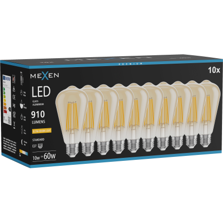 Mexen Vintis 10x filamentová LED žárovka E27, ST64, 10W, Teplá - 2200K, 910 lm, jantarová - L152-E27-1022-50x10
