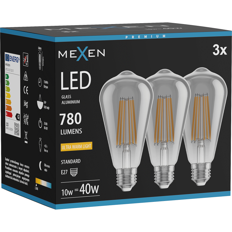 Mexen Vintis 3x LED filamentová žárovka E27, ST64, 10W, Teplá - 2200K, 780 lm, kouřová - L152-E27-1022-70x03