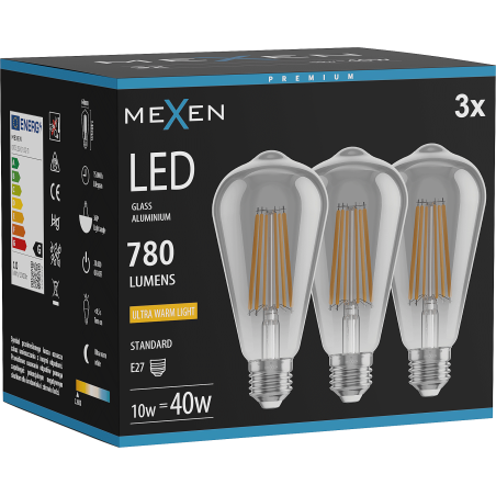 Mexen Vintis 3x LED filamentová žárovka E27, ST64, 10W, Teplá - 2200K, 780 lm, kouřová - L152-E27-1022-70x03