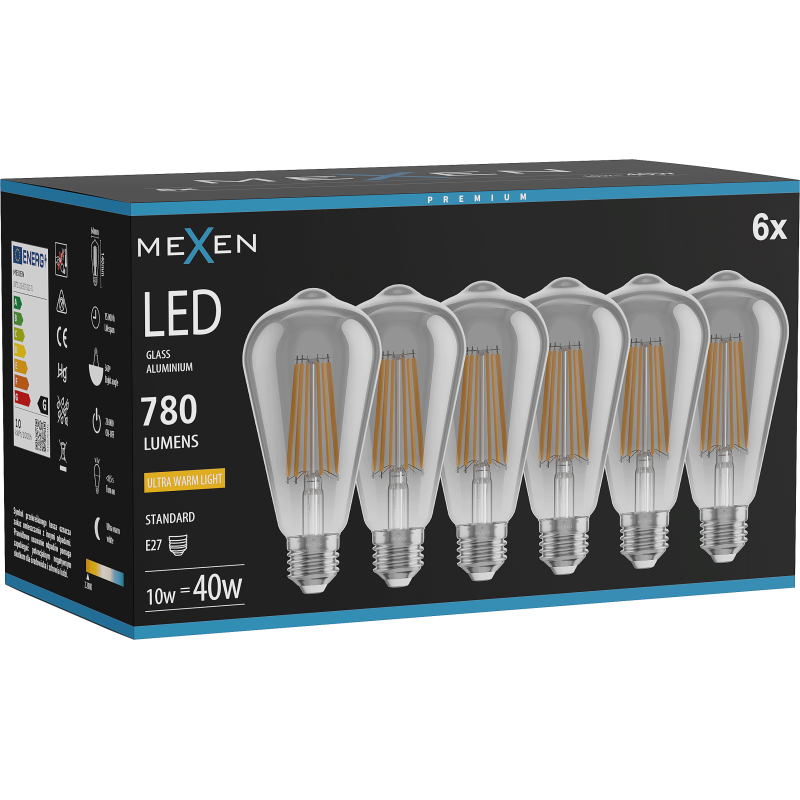 Mexen Vintis 6x žárovka filament LED E27, ST64, 10W, Teplá - 2200K, 780 lm, kouřová - L152-E27-1022-70x06