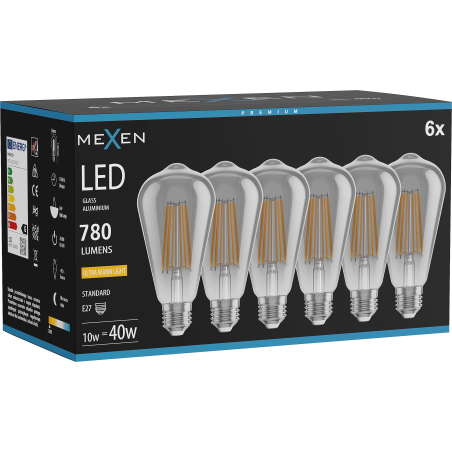 Mexen Vintis 6x žárovka filament LED E27, ST64, 10W, Teplá - 2200K, 780 lm, kouřová - L152-E27-1022-70x06