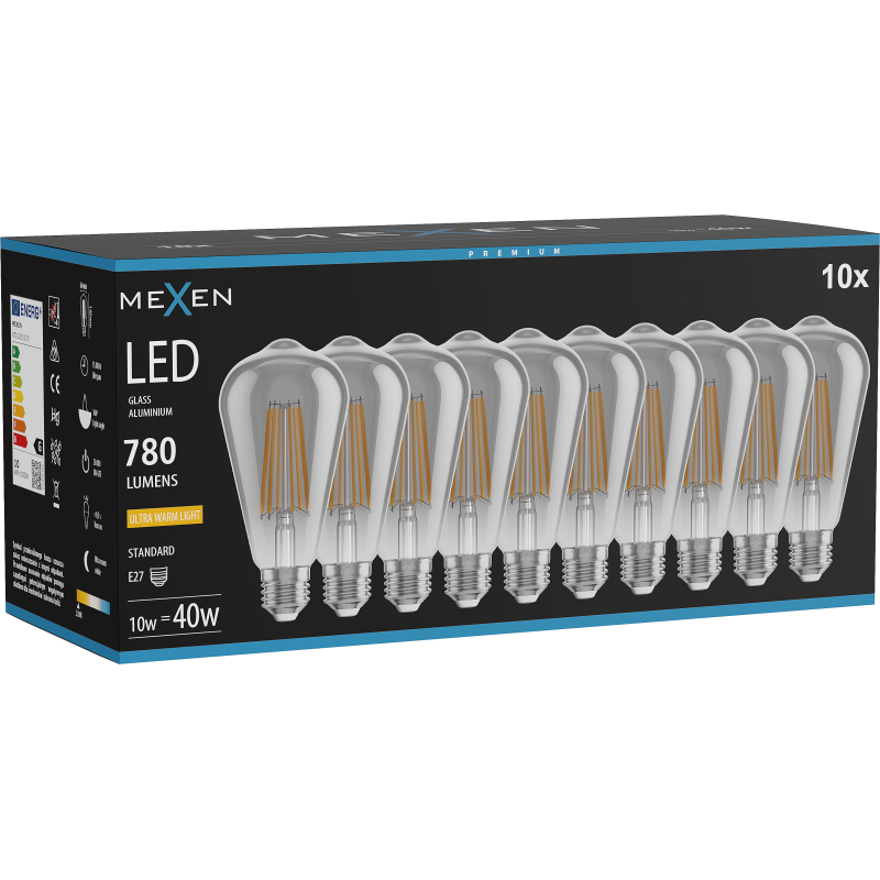 Mexen Vintis 10x LED filament žárovka E27, ST64, 10W, Teplá - 2200K, 780 lm, smoke - L152-E27-1022-70x10