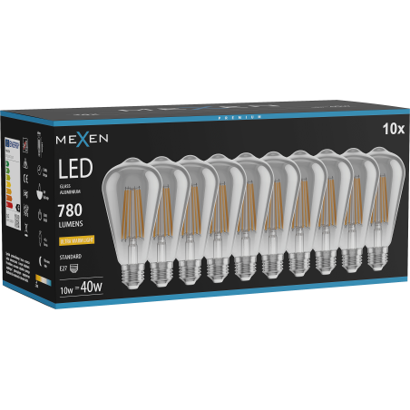 Mexen Vintis 10x LED filament žárovka E27, ST64, 10W, Teplá - 2200K, 780 lm, smoke - L152-E27-1022-70x10