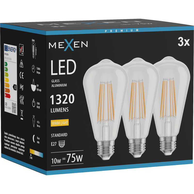 Mexen Vintis 3x LED žárovka s vláknem E27, ST64, 10W, Teplá - 2700K, 1320 lm, čirá - L152-E27-1027-00x03