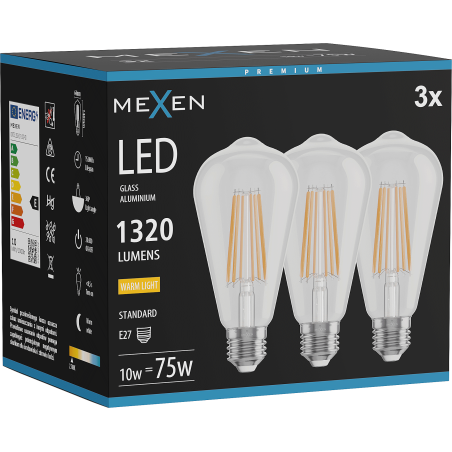 Mexen Vintis 3x LED žárovka s vláknem E27, ST64, 10W, Teplá - 2700K, 1320 lm, čirá - L152-E27-1027-00x03