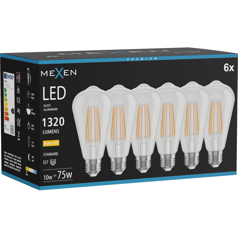 Mexen Vintis 6x LED filamentová žárovka E27, ST64, 10W, teplá - 2700K, 1320 lm, čirá - L152-E27-1027-00x06