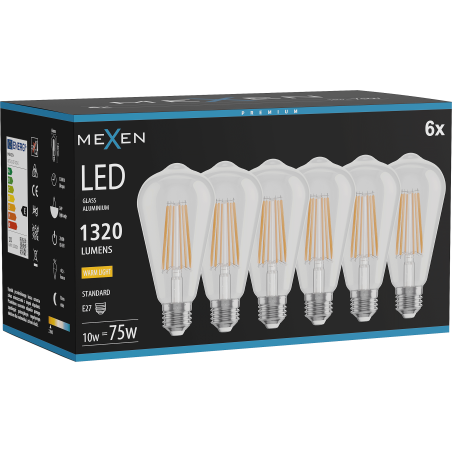 Mexen Vintis 6x LED filamentová žárovka E27, ST64, 10W, teplá - 2700K, 1320 lm, čirá - L152-E27-1027-00x06