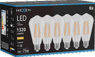 Mexen Vintis 6x LED filamentová žárovka E27, ST64, 10W, teplá - 2700K, 1320 lm, čirá - L152-E27-1027-00x06