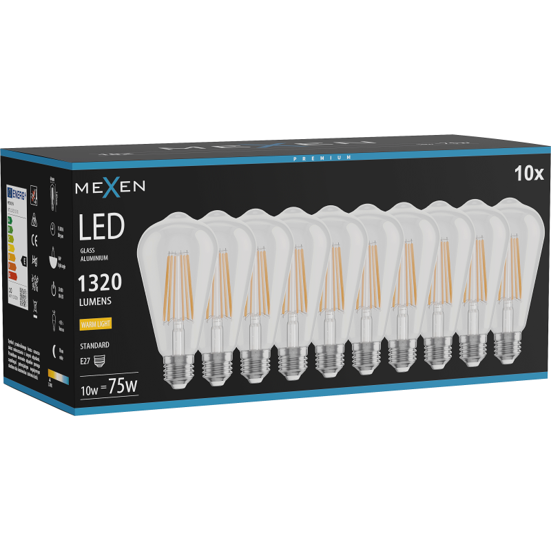 Mexen Vintis 10x žárovka filament LED E27, ST64, 10W, Teplá - 2700K, 1320 lm, čirá - L152-E27-1027-00x10