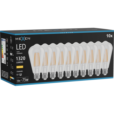 Mexen Vintis 10x žárovka filament LED E27, ST64, 10W, Teplá - 2700K, 1320 lm, čirá - L152-E27-1027-00x10