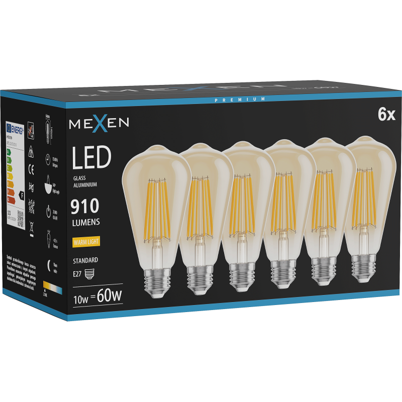 Mexen Vintis 6x žárovka filament LED E27, ST64, 10W, Teplá - 2700K, 910 lm, jantarová - L152-E27-1027-50x06