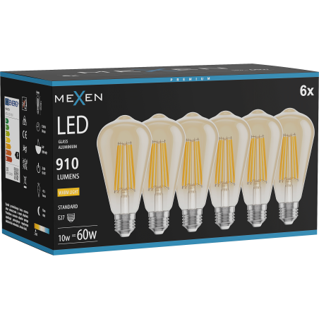 Mexen Vintis 6x žárovka filament LED E27, ST64, 10W, Teplá - 2700K, 910 lm, jantarová - L152-E27-1027-50x06