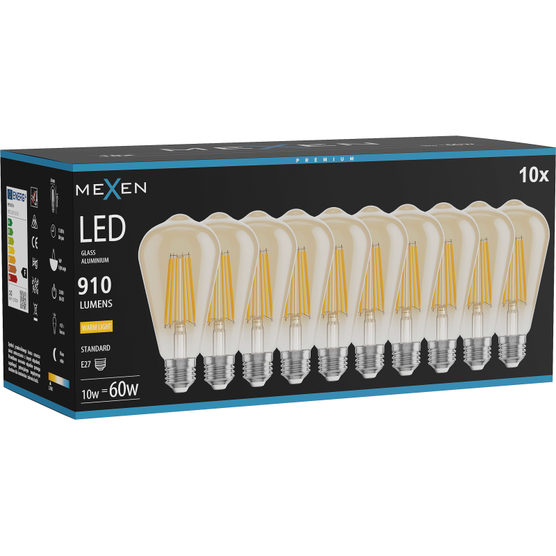 Mexen Vintis 10x LED filamentová žárovka E27, ST64, 10W, Teplá - 2700K, 910 lm, jantarová - L152-E27-1027-50x10