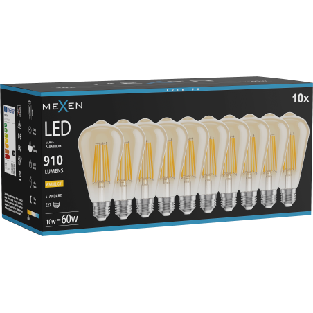 Mexen Vintis 10x LED filamentová žárovka E27, ST64, 10W, Teplá - 2700K, 910 lm, jantarová - L152-E27-1027-50x10
