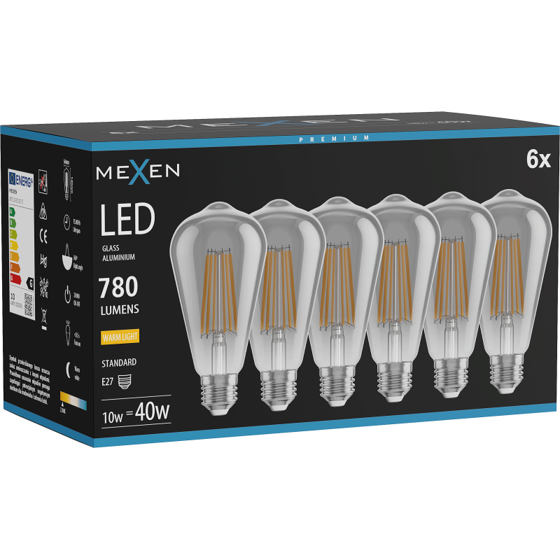 Mexen Vintis 6x žárovka filament LED E27, ST64, 10W, Teplá - 2700K, 780 lm, kouř - L152-E27-1027-70x06