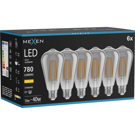Mexen Vintis 6x žárovka filament LED E27, ST64, 10W, Teplá - 2700K, 780 lm, kouř - L152-E27-1027-70x06