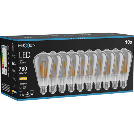 Mexen Vintis 10x LED žárovka filament E27, ST64, 10W, Teplá - 2700K, 780 lm, kouřová - L152-E27-1027-70x10