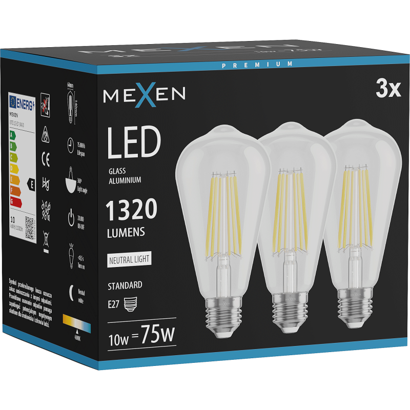 Mexen Vintis 3x Žárovka filament LED E27, ST64, 10W, Neutrální - 4000K, 1320 lm, čirá - L152-E27-1040-00x03