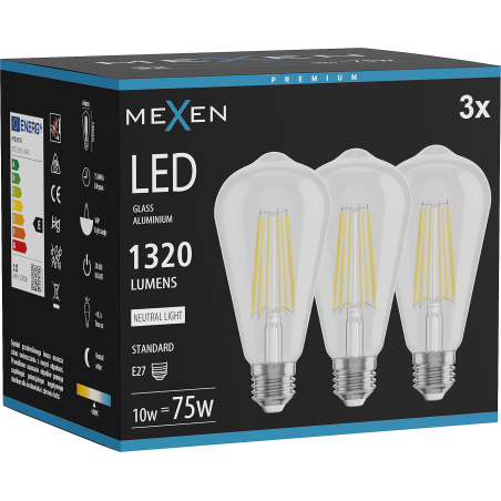 Mexen Vintis 3x Žárovka filament LED E27, ST64, 10W, Neutrální - 4000K, 1320 lm, čirá - L152-E27-1040-00x03