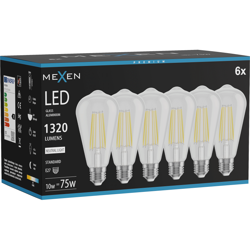 Mexen Vintis 6x žárovka filament LED E27, ST64, 10W, Neutrální - 4000K, 1320 lm, čirá - L152-E27-1040-00x06