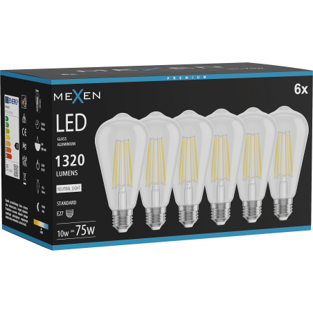 Mexen Vintis 6x žárovka filament LED E27, ST64, 10W, Neutrální - 4000K, 1320 lm, čirá - L152-E27-1040-00x06