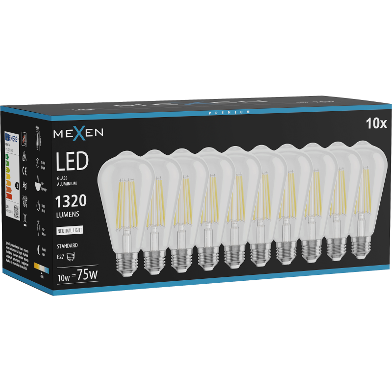 Mexen Vintis 10x žárovka filament LED E27, ST64, 10W, Neutrální - 4000K, 1320 lm, čirá - L152-E27-1040-00x10