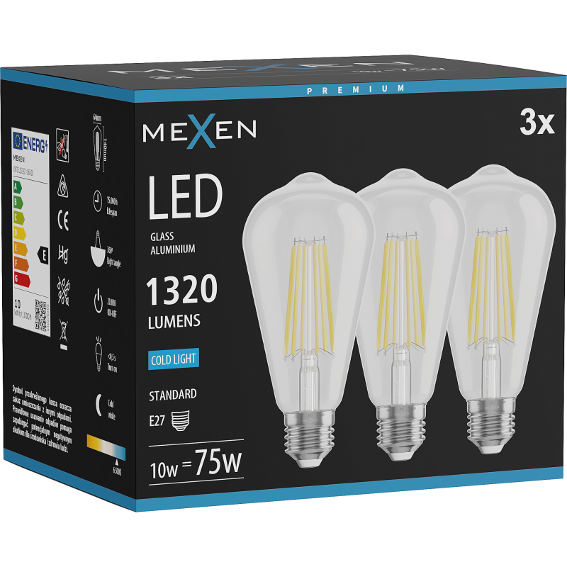 Mexen Vintis 3x Filamentová žárovka LED E27, ST64, 10W, Studená - 6500K, 1320 lm, čirá - L152-E27-1040-00x03