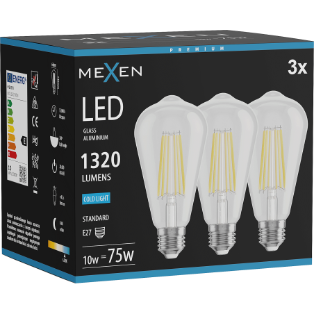 Mexen Vintis 3x Filamentová žárovka LED E27, ST64, 10W, Studená - 6500K, 1320 lm, čirá - L152-E27-1040-00x03