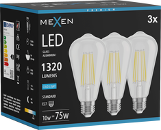 Mexen Vintis 3x Filamentová žárovka LED E27, ST64, 10W, Studená - 6500K, 1320 lm, čirá - L152-E27-1040-00x03