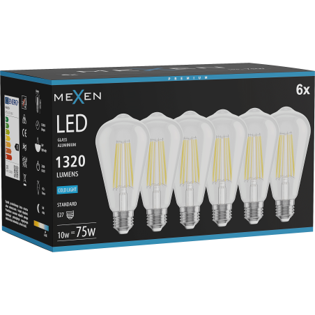 Mexen Vintis 6x Žárovka filament LED E27, ST64, 10W, Studená - 6500K, 1320 lm, čirá - L152-E27-1040-00x06