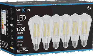 Mexen Vintis 6x Žárovka filament LED E27, ST64, 10W, Studená - 6500K, 1320 lm, čirá - L152-E27-1040-00x06