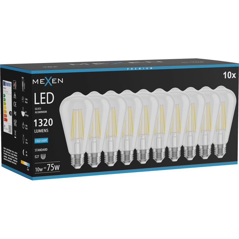 Mexen Vintis 10x žárovka filament LED E27, ST64, 10W, Studená - 6500K, 1320 lm, čirá - L152-E27-1040-00x10