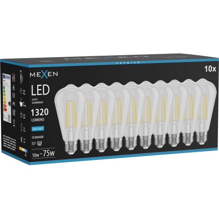 Mexen Vintis 10x žárovka filament LED E27, ST64, 10W, Studená - 6500K, 1320 lm, čirá - L152-E27-1040-00x10