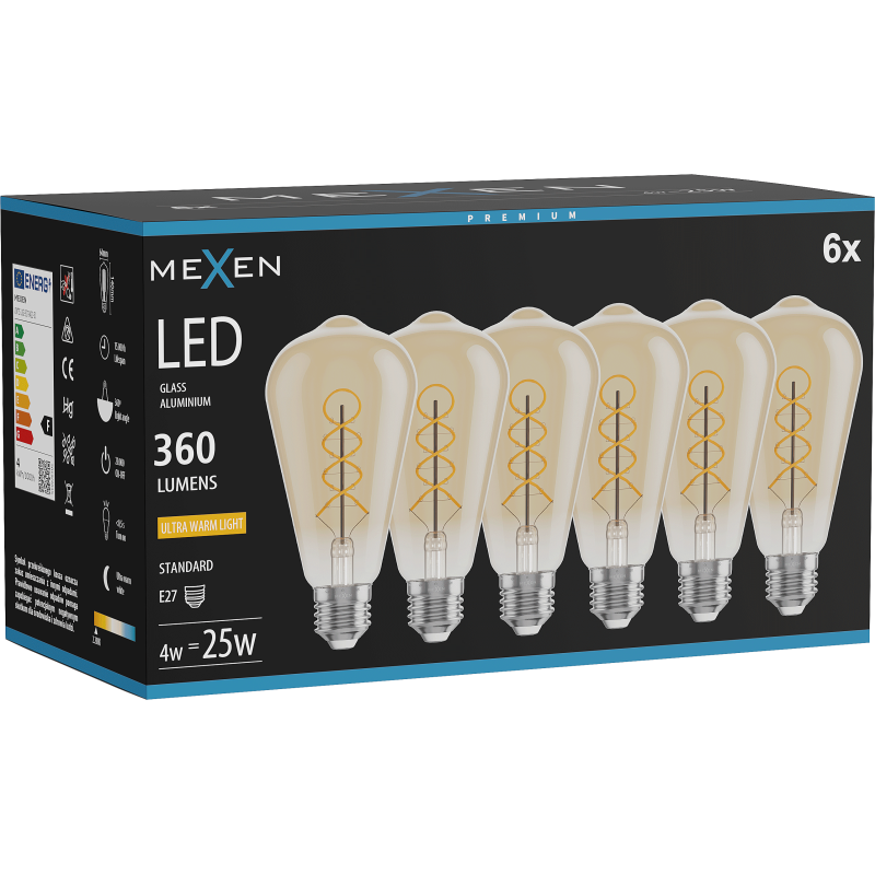 Mexen Vintis 6x žárovka filament spirála LED E27, ST64, 4W, Teplá - 2200K, 360 lm, amber - L162-E27-0422-50x06