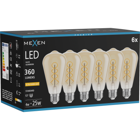 Mexen Vintis 6x žárovka filament spirála LED E27, ST64, 4W, Teplá - 2200K, 360 lm, amber - L162-E27-0422-50x06