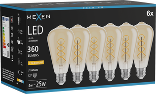 Mexen Vintis 6x žárovka filament spirála LED E27, ST64, 4W, Teplá - 2200K, 360 lm, amber - L162-E27-0422-50x06